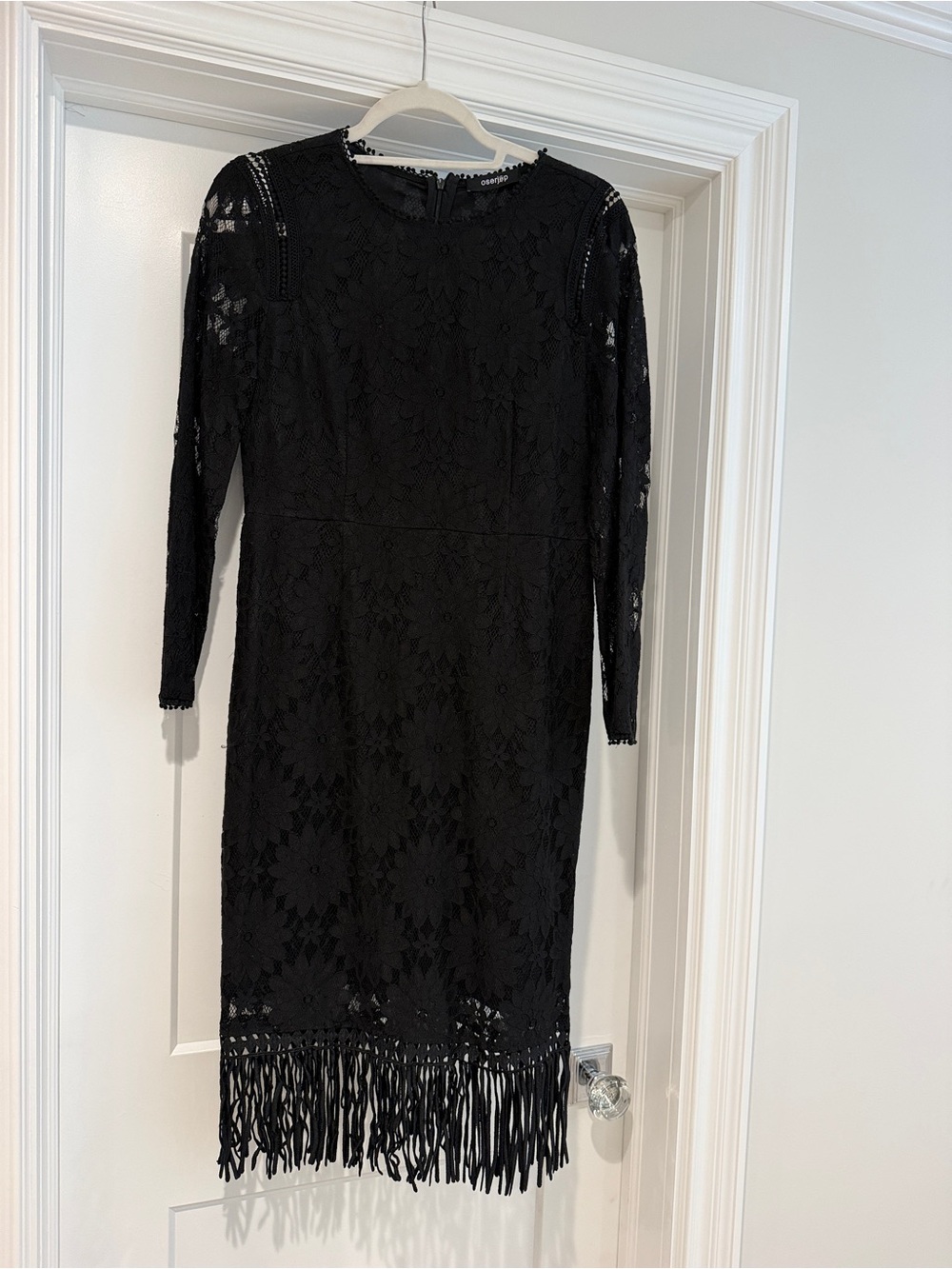 Black Long-Sleeve Lace Dress with Fringe